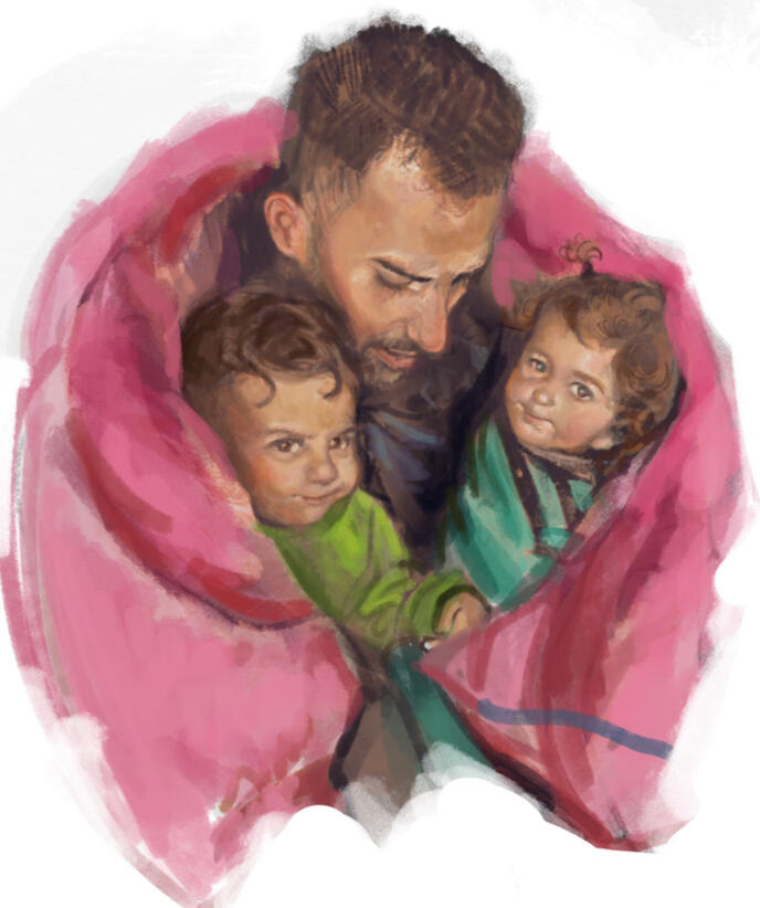 This digital drawing is of Ahmed and his niece and nephew, but he is also now a father with a newborn child. His baby has a heart condition and funds are needed urgently.